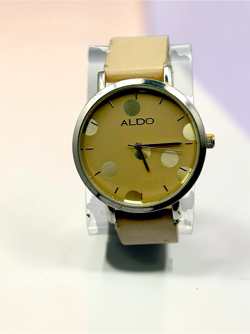 Aldo Womens Watch S-3802 Polka Dot Circle Dial Taupe Strap Silver Tone Runs